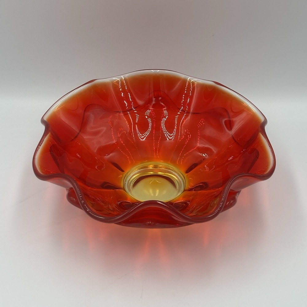 Vintage MCM Amberina/Percimmon 8" Glass Candy Dish Double‎ Ruffle.